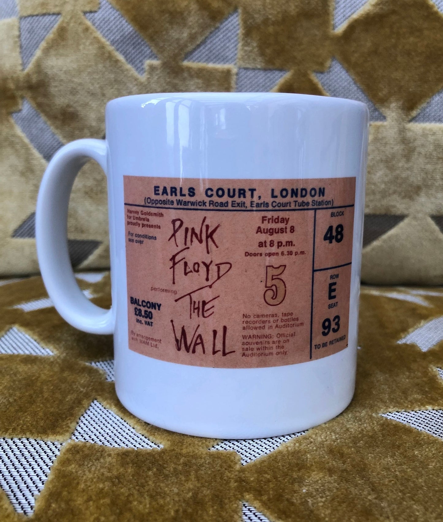PINK FLOYD  - 11oz ceramic mug featuring the 1980 Earls Court, London ticket on both sides