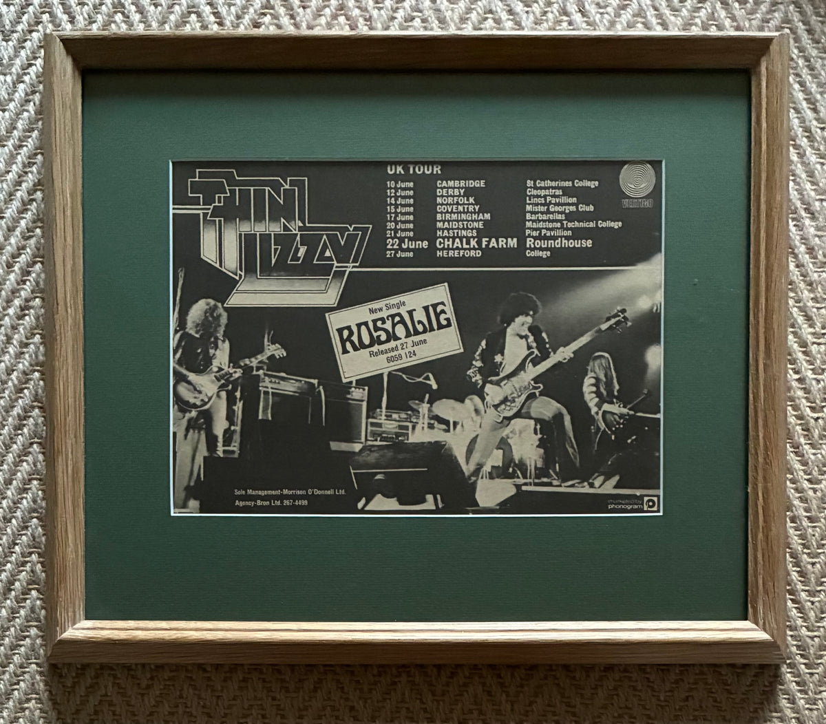 THIN LIZZY - Original 1975 UK tour advert . Framed