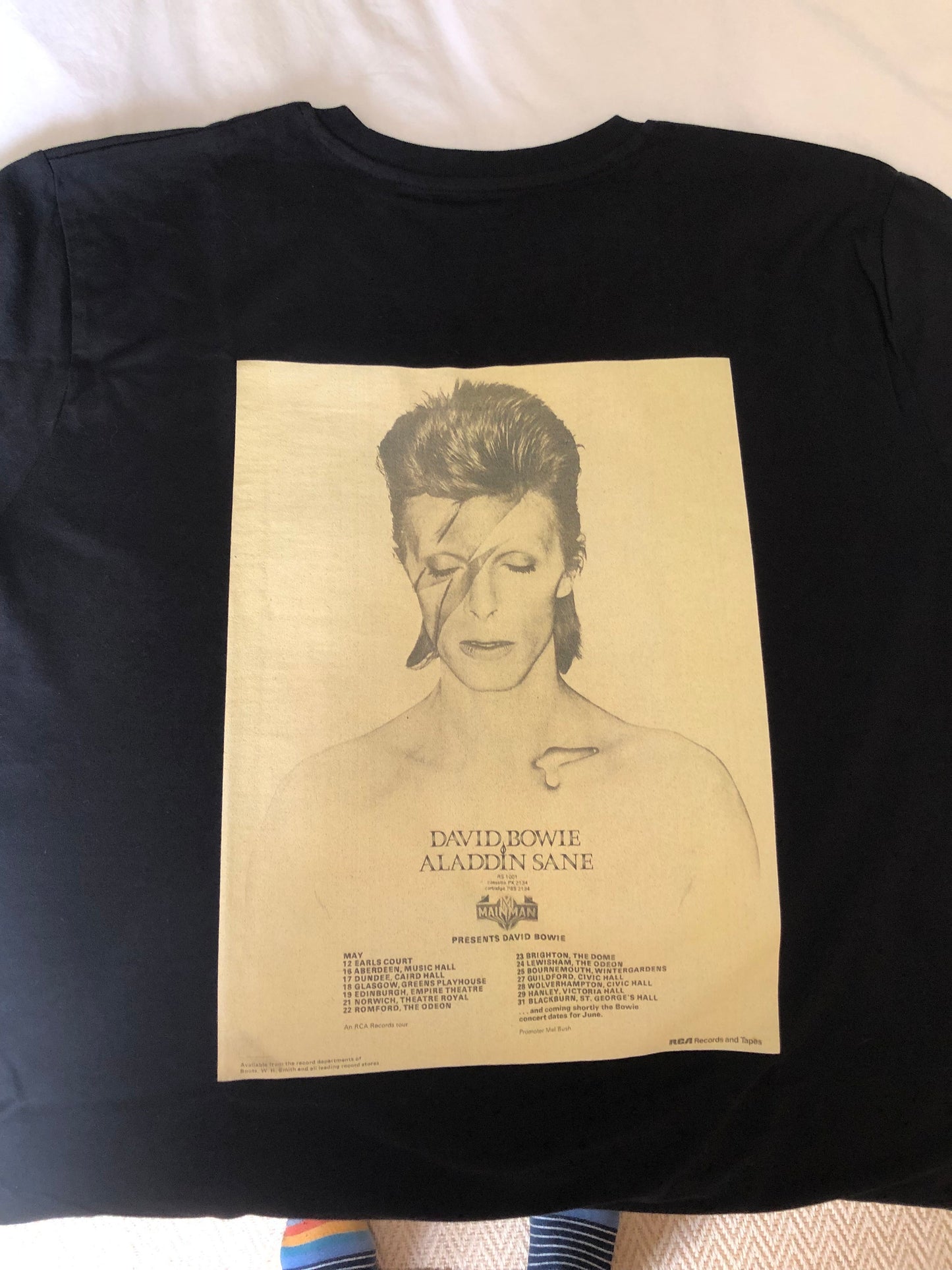 DAVID BOWIE  - 1973 “ Aladdin Sane  tour “ T Shirt . Featuring the tour advert and corresponding ticket.