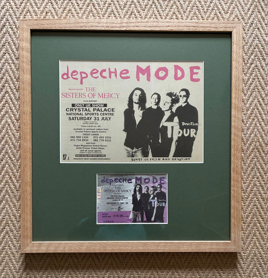 DEPECHE MODE - 1993 “ DevoTional tour “ concert advert and original ticket for the Crystal Palace National Sports Centre  concert on 31/7/1993 . Framed