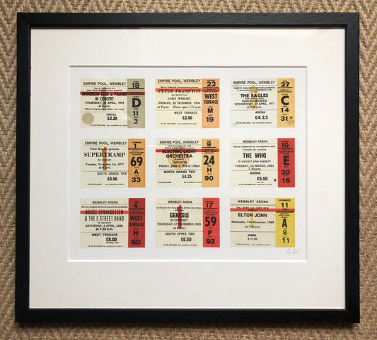 MUSIC ICONS WEMBLEY TICKETS 1 - A  framed limited edition ticket giclee print.  Featuring 9 different Artist / Band tickets .Edition size 45