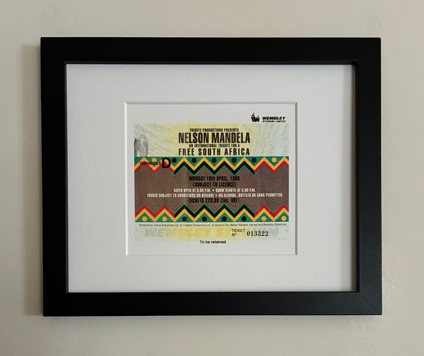 NELSON MANDELA TRIBUTE CONCERT- 16/4/1990 Wembley Stadium framed ticket giclee print