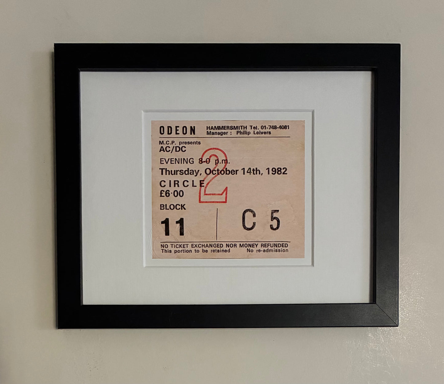 AC/DC - 1982 Hammersmith Odeon , London framed ticket giclee print