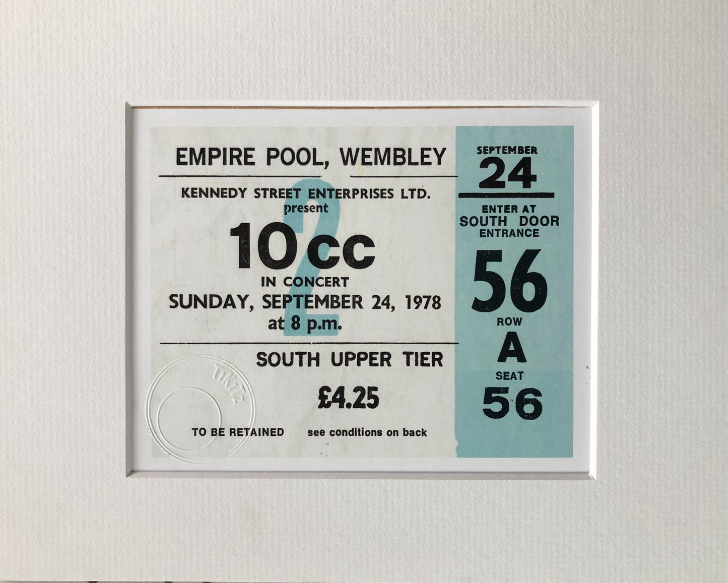 10CC  - 1978 Empire Pool , Wembley , London framed ticket giclee print