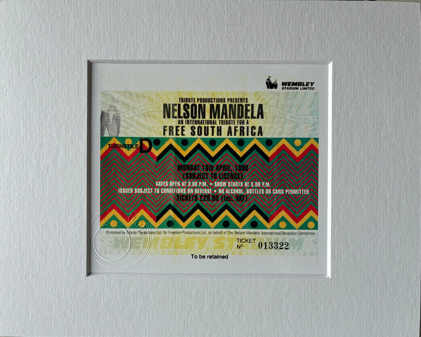 NELSON MANDELA TRIBUTE CONCERT- 16/4/1990 Wembley Stadium framed ticket giclee print