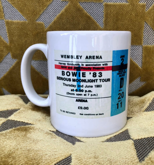 DAVID BOWIE - 11oz ceramic mug featuring the 1983 Wembley Arena , London ticket on both sides