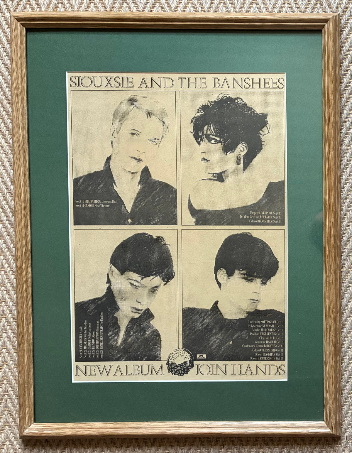 SIOUXSIE and the BANSHEES - Original 15/9/1978 “ Hold Hands “ advert and tour dates . Framed