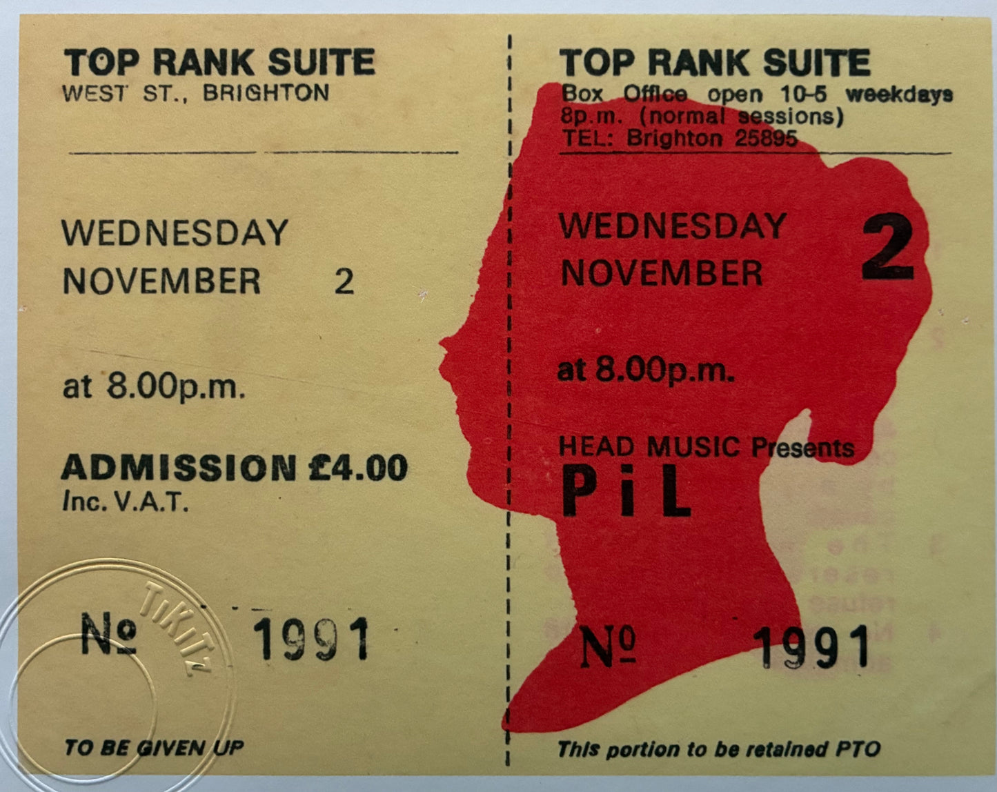 PUBLIC IMAGE LIMITED - 1983 Top Rank Suite, Brighton framed ticket giclee print