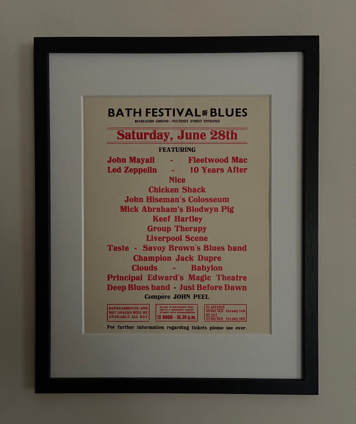 LED ZEPPELIN / FLEETWOOD MAC / JOHN MAYALL 1969 Bath Festival of Blues and Progressive rock hand flyer framed giclee reprint