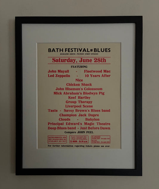LED ZEPPELIN / FLEETWOOD MAC / JOHN MAYALL 1969 Bath Festival of Blues and Progressive rock hand flyer framed giclee reprint