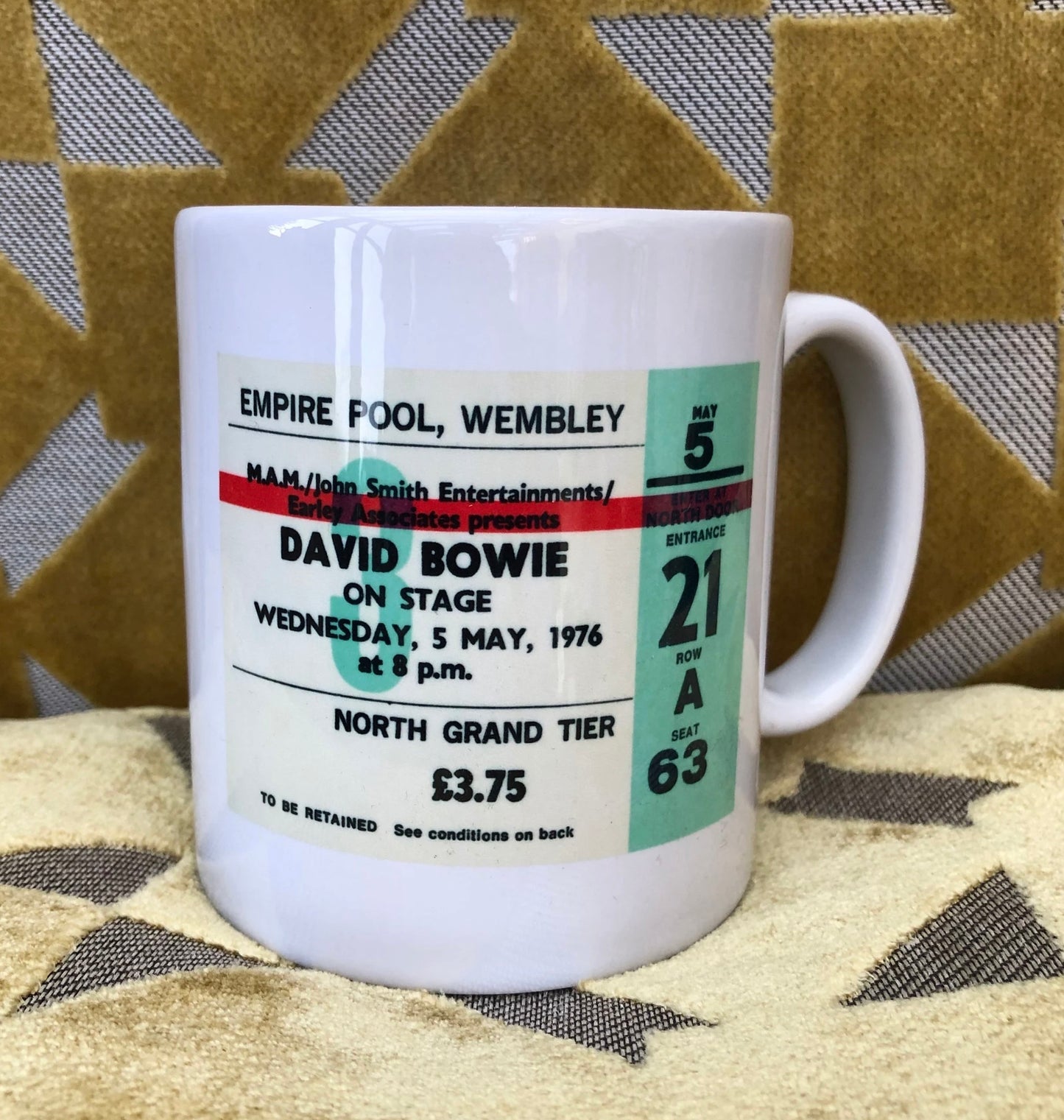 DAVID BOWIE - 11oz ceramic mug featuring the 1976 Empire Pool ,Wembley, London ticket on both sides