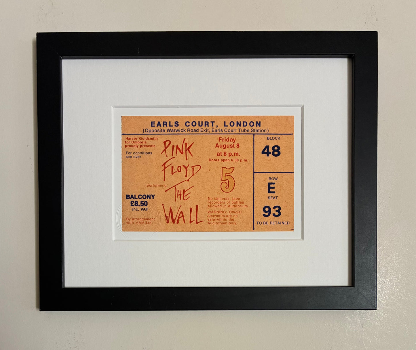 PINK FLOYD  - 1980 “ The Wall “ Earls Court , London framed ticket giclee print