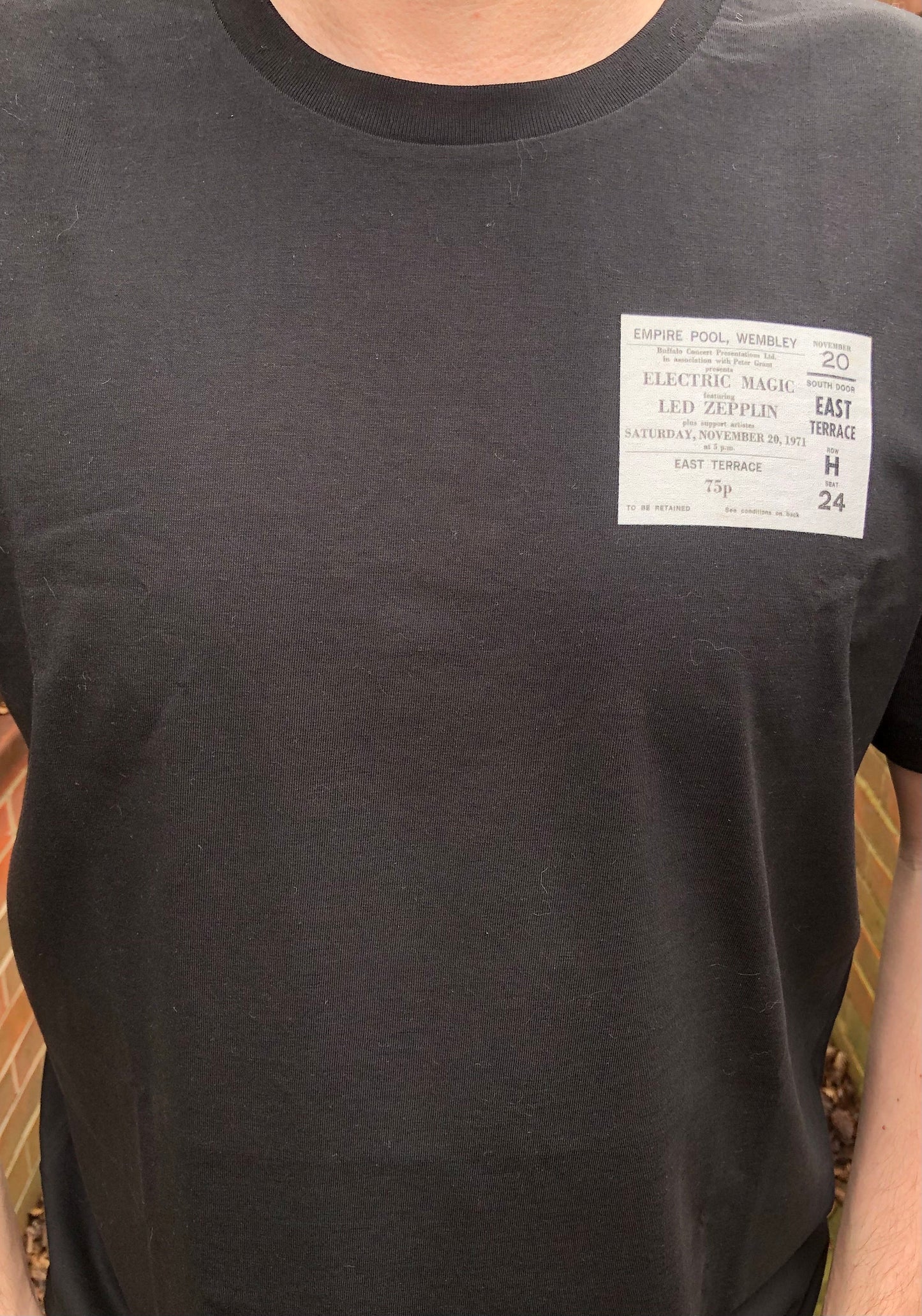 LED ZEPPELIN  - 1971 “ Electric Magic Show “ T Shirt . Featuring the tour advert and corresponding ticket.