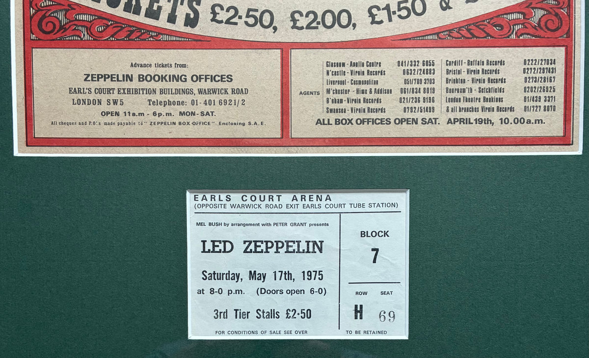 LED ZEPPELIN- 1975 “ Five Glorious Nights” concert advert and original ticket for the Earls Court, London concert on 17/5/1975 . Framed