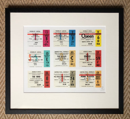 MUSIC ICONS WEMBLEY TICKETS 2 - A  framed limited edition ticket giclee print.  Featuring 9 different Artist / Band tickets .Edition size 45