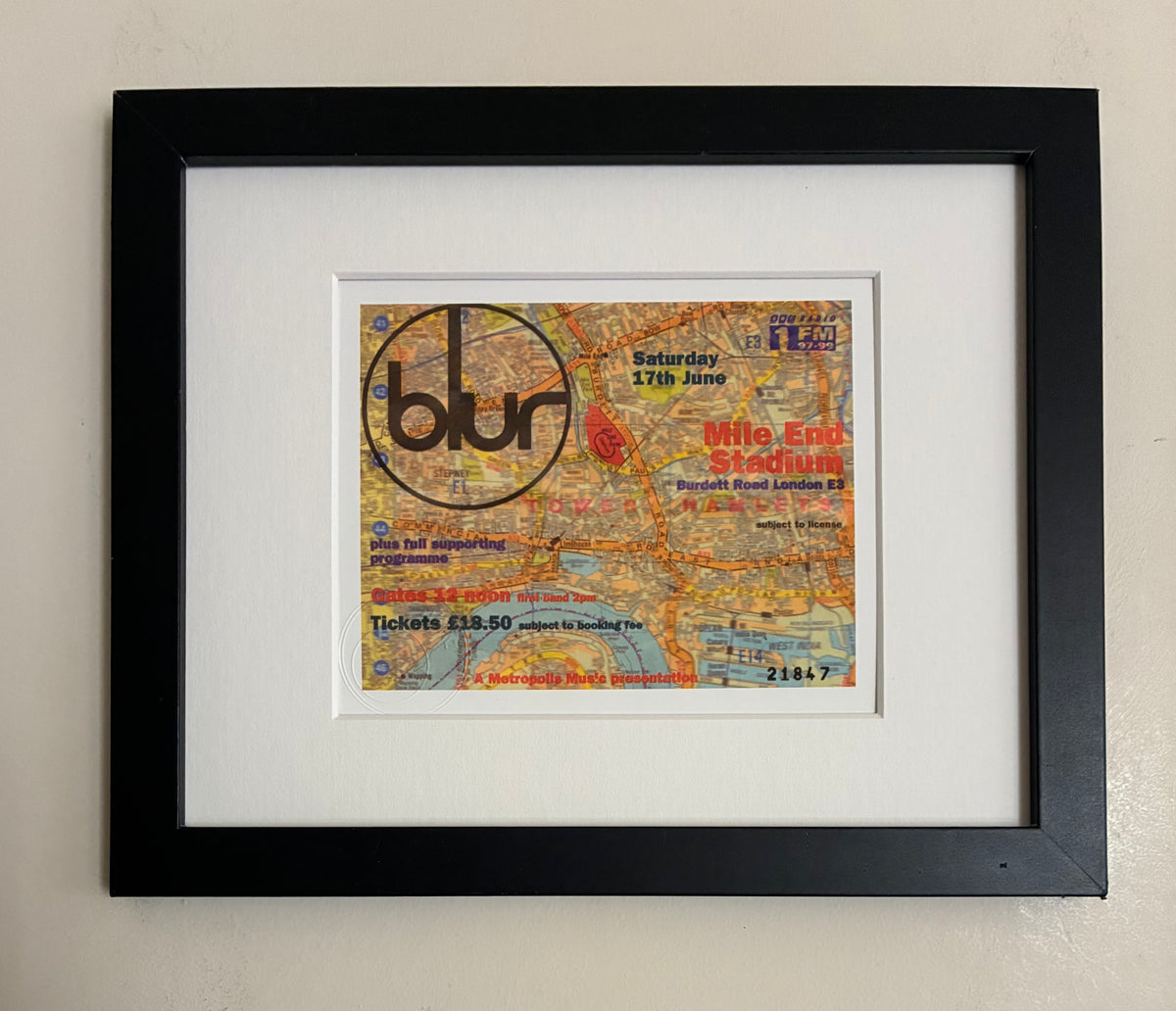 BLUR- 1995 Mile End Stadium, London framed ticket giclee print