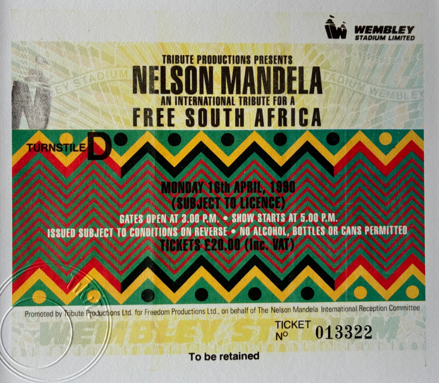 NELSON MANDELA TRIBUTE CONCERT- 16/4/1990 Wembley Stadium framed ticket giclee print