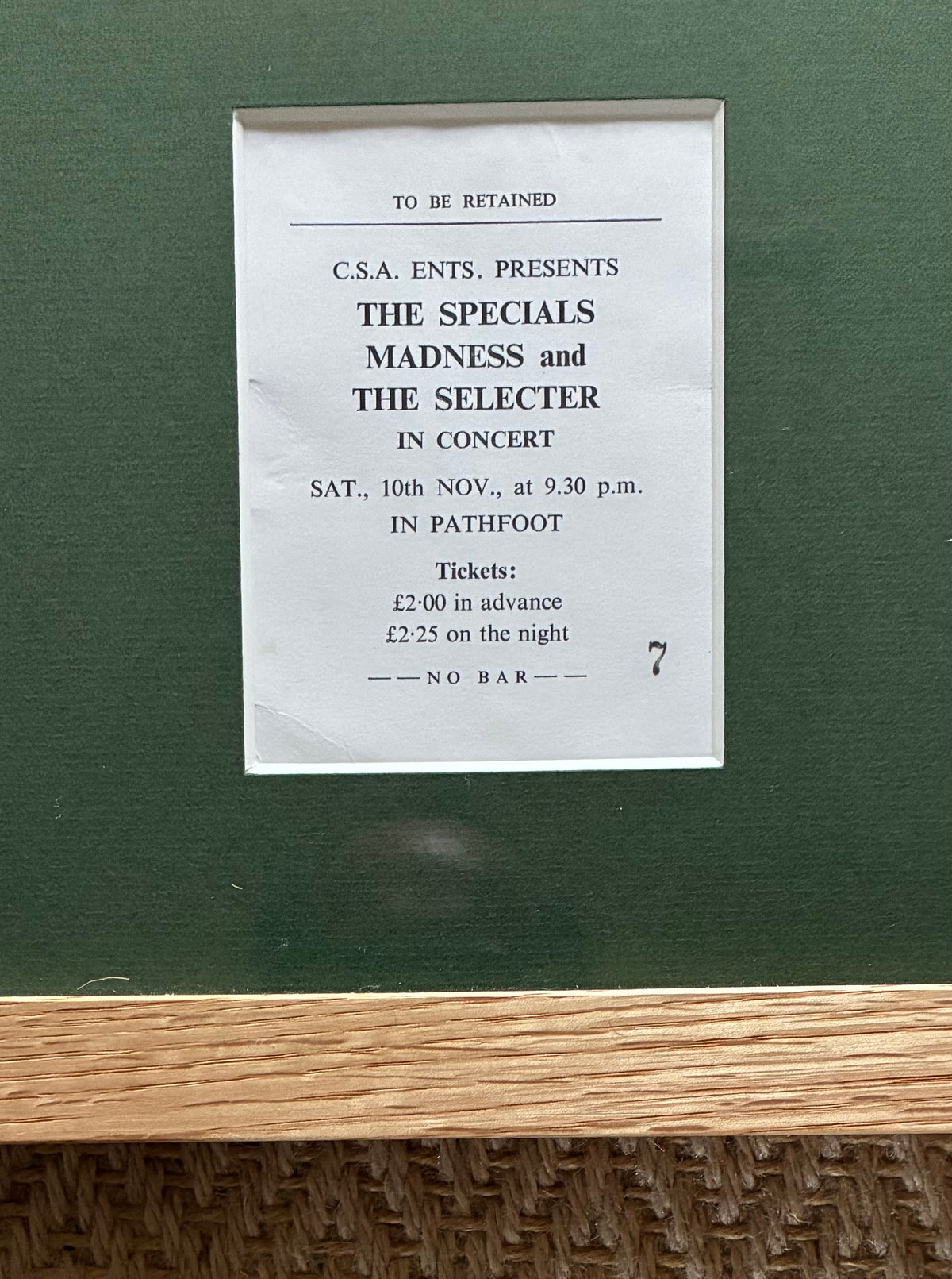THE SPECIALS / MADNESS / THE SELECTOR 1979“ The Two Tone  tour ” concert advert and original ticket for the Stirling University concert on 10/11/1979 . Framed