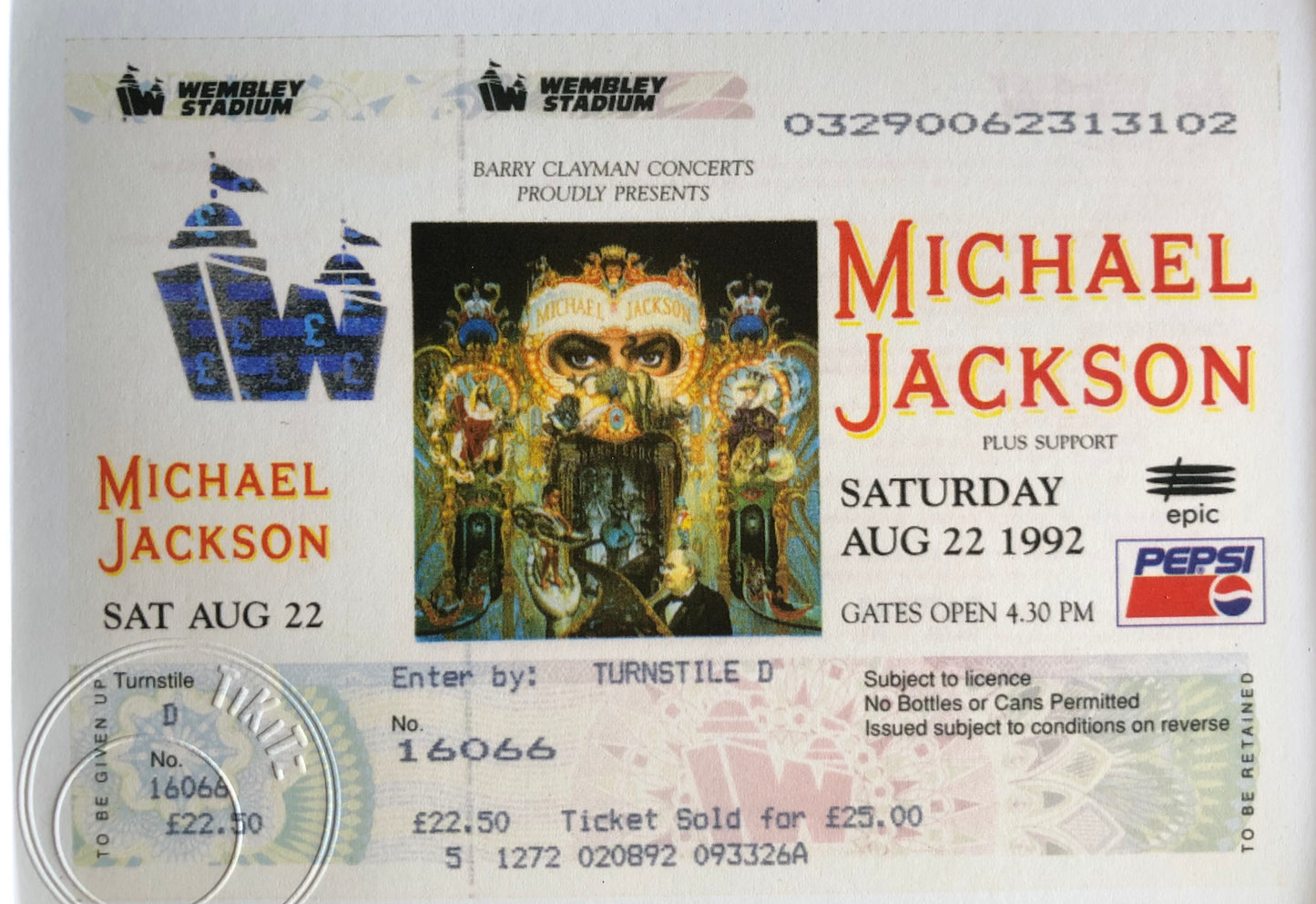 MICHAEL JACKSON- 1992 “ The Dangerous World tour “Wembley Stadium , London framed ticket giclee print