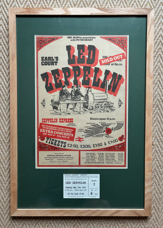 LED ZEPPELIN- 1975 “ Five Glorious Nights” concert advert and original ticket for the Earls Court, London concert on 17/5/1975 . Framed