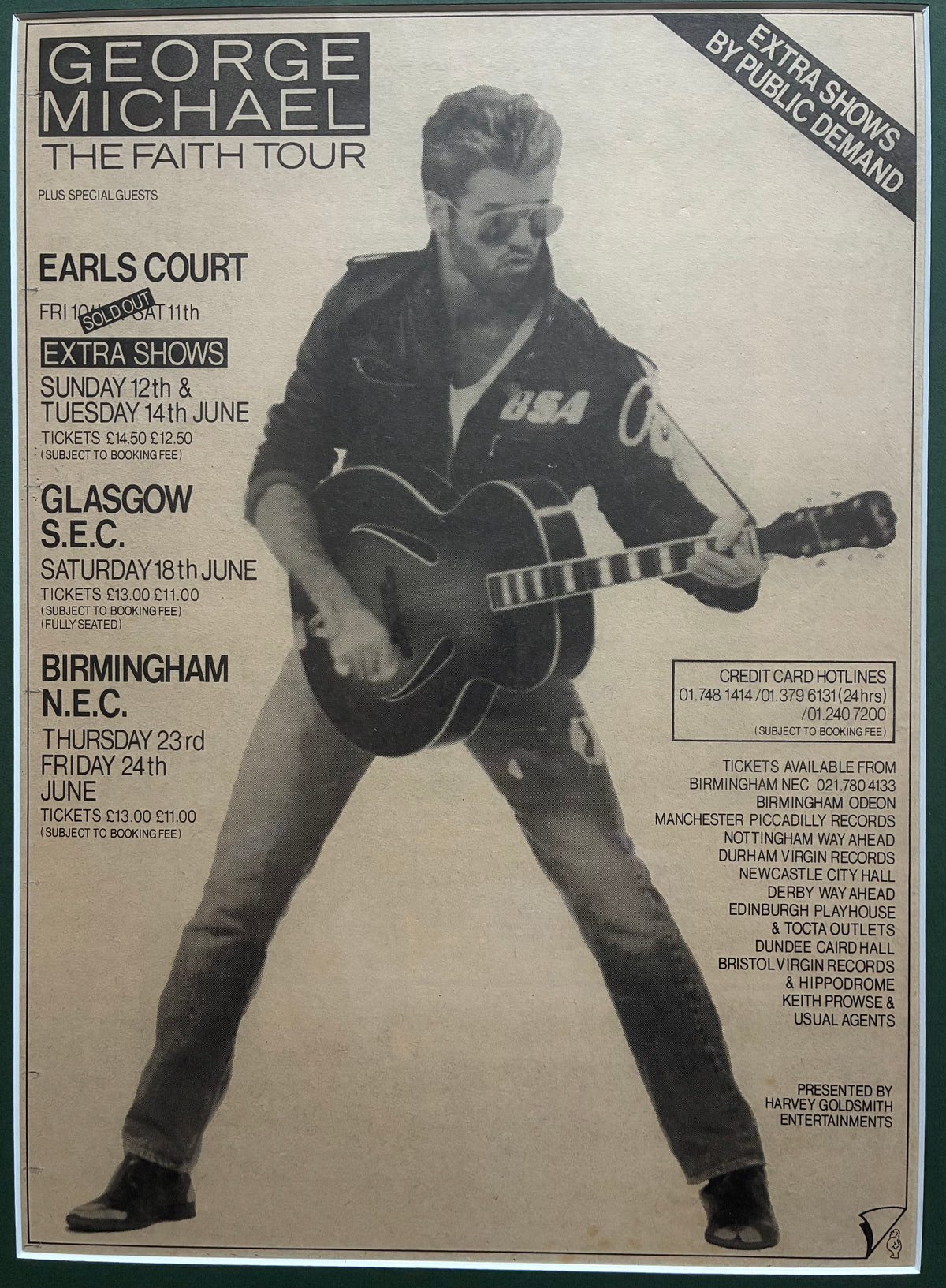 GEORGE  MICHAEL 1989 “ The Faith tour ” concert advert and original ticket for the Earls Court, London concert on 10/6/1989 . Framed