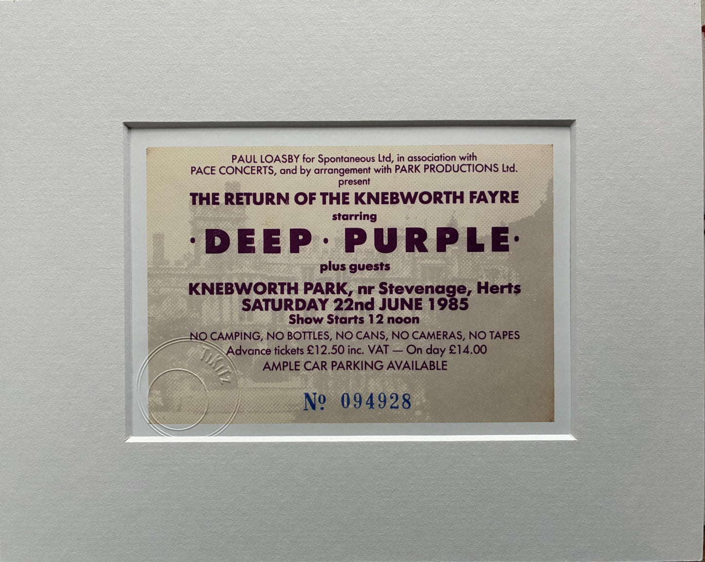 DEEP PURPLE  -22/6/1985 Knebworth Park framed ticket giclee print