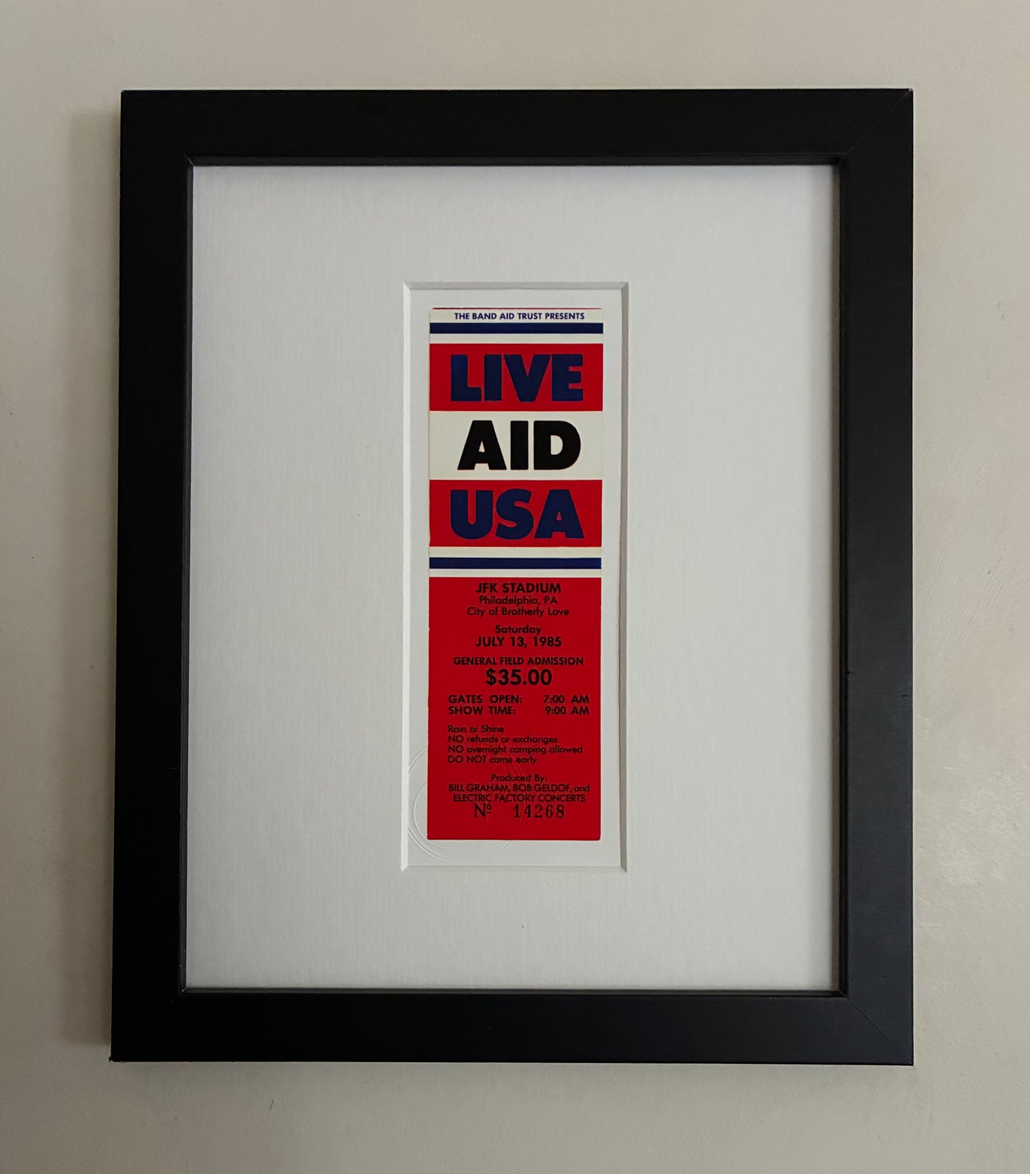 LIVE AID , USA - 1985 JFK Stadium, Philadelphia, USA  framed ticket giclee print