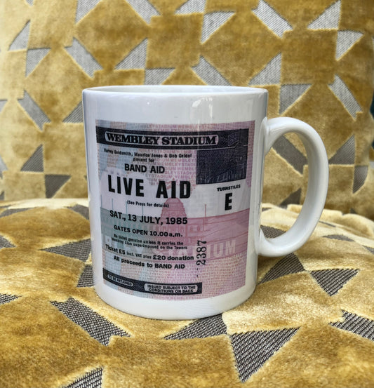 LIVE AID - 11oz ceramic mug featuring the 1985 Wembley Stadium, London ticket on both sides