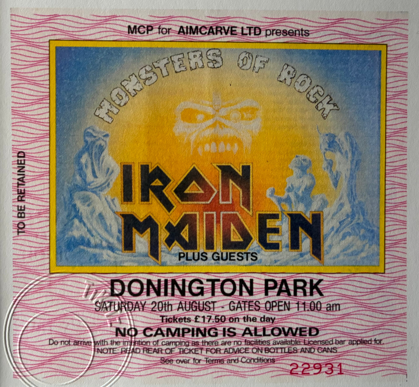 IRON MAIDEN - 20/8/1988 Monsters of Rock at Donington Park framed ticket giclee print