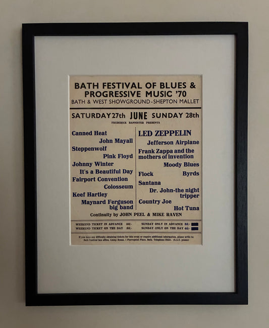 LED ZEPPELIN / PINK FLOYD /SANTANA -1970 Bath Festival of Blues and Progressive rock hand flyer framed giclee print