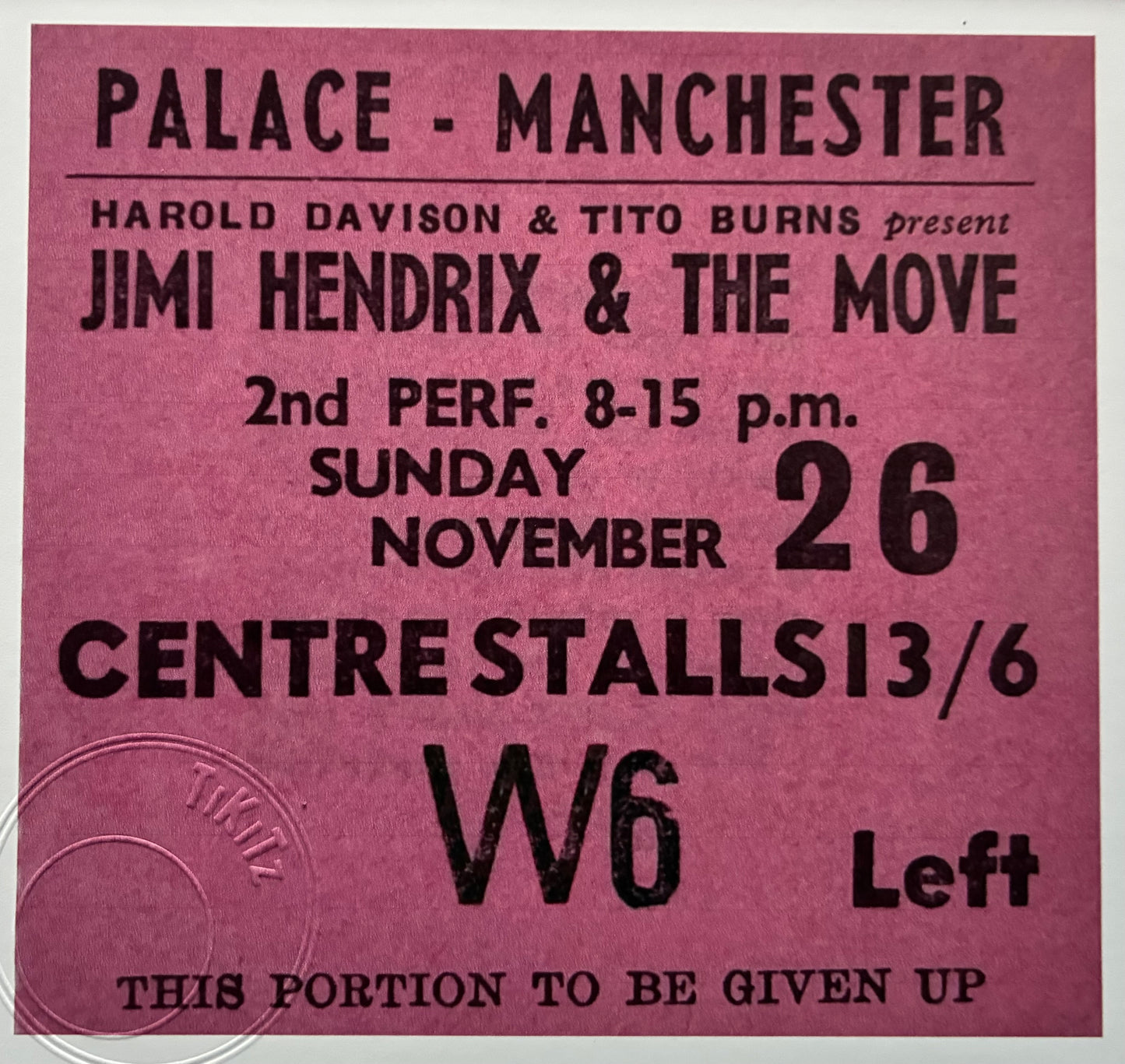 JIMI HENDRIX and the MOVE  - 1967 The Palace, Manchester framed ticket giclee print