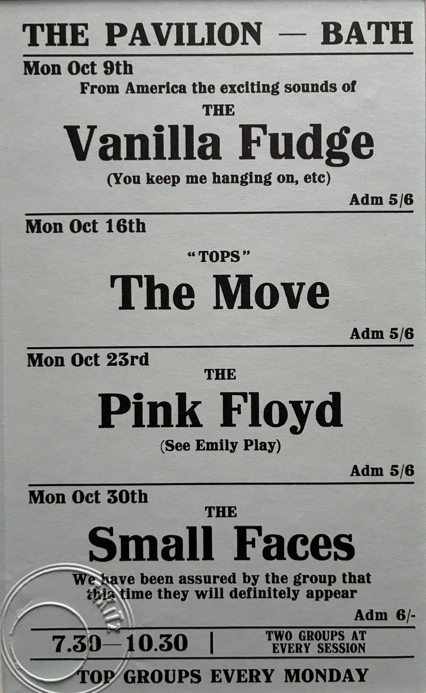 PINK FLOYD / THE MOVE / SMALL  FACES- October 1967 - The Pavilion, Bath, hand flyer reprint